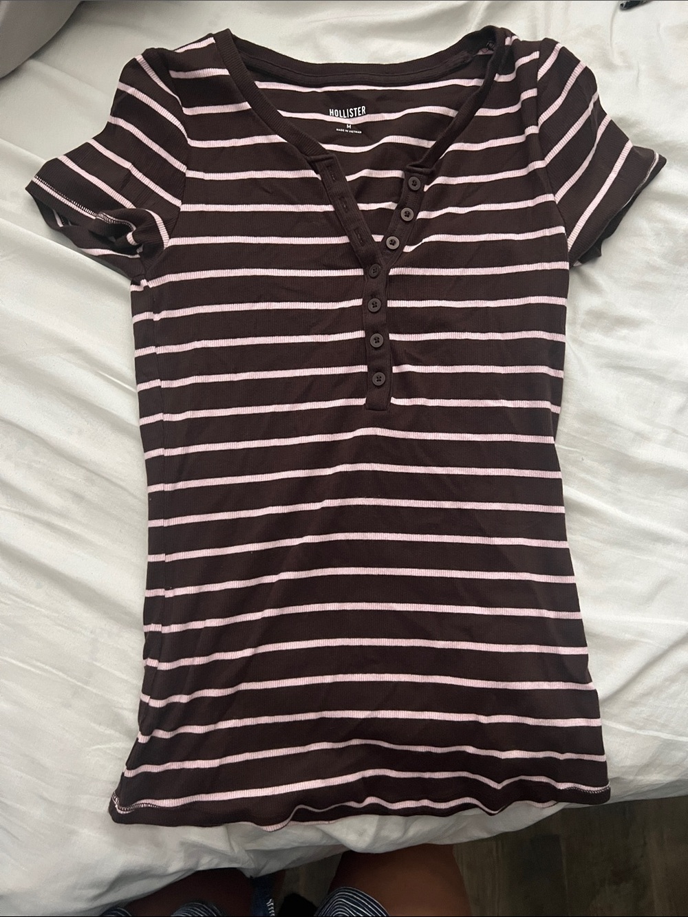 Hollister Brown Short-Sleeve Henley with Light Pink Stripes